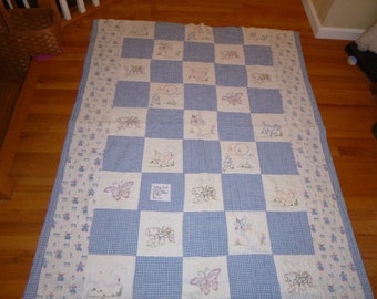 VINTAGE Child's QUILT, hand embroidered blocks, puppy dog, kittens, lamb, butterfly, hand quilted, Dutch kids border, blue, sewing, toddler