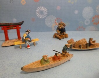 MINIATURE, 5 pcs. incl, clay, Japanese, Asian, boat, bench, pagoda, dollhouse, collect, Japanese, hand made, vintage, diorama, shadowbox