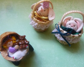 EASTER DOLLHOUSE, all 3 incl, Miniature, handmade, fimo, handled straw basket, bunny, rabbit, stroller, pram, bear, baby, diorama, fairyland