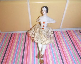 CHINA DOLL, vintage antique, figurine, sculpture, original condition, crocheted dress trim, beige, sitting pose, china legs and shoes, curio