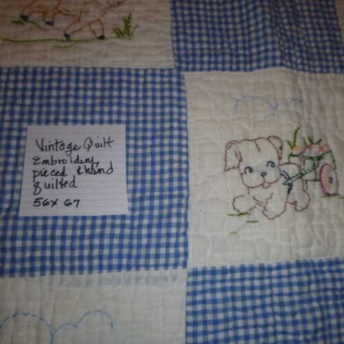 VINTAGE Child's QUILT, hand embroidered blocks, puppy dog, kittens, lamb, butterfly, hand quilted, Dutch kids border, shops blue, sewing, toddler