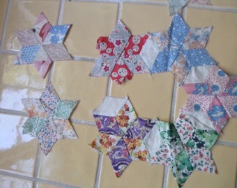 VINTAGE PIECED Quilt, star design, 2 unfinished sections incl, hand sewn, cutter, collage, sewing quilting, floral, dot, beige (Package A)
