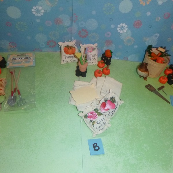 DOLLHOUSE MINIATURES, all items, collection, basket, egg, veggies, fimo, pumpkin, tool, sign, landscape, seed bag (700)