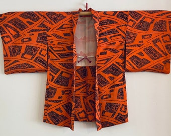 Vintage Japanese Kimono Jacket - Haori - Orange puzzle