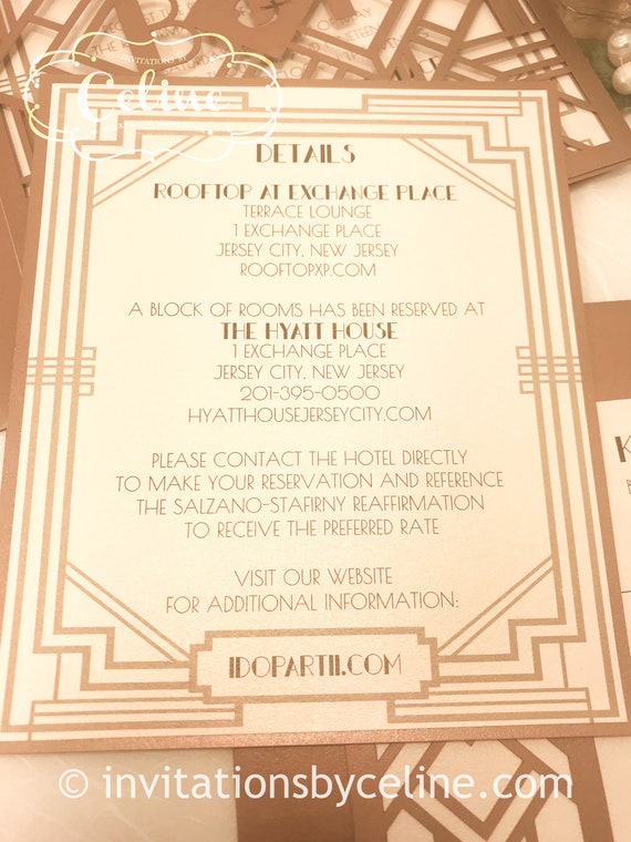 Art Deco Great Gatsby Personalized Gatefold Wedding Invitation Monogram Hollywood Invite Envelope Golden Lasercut Gate Gold Die Cut -