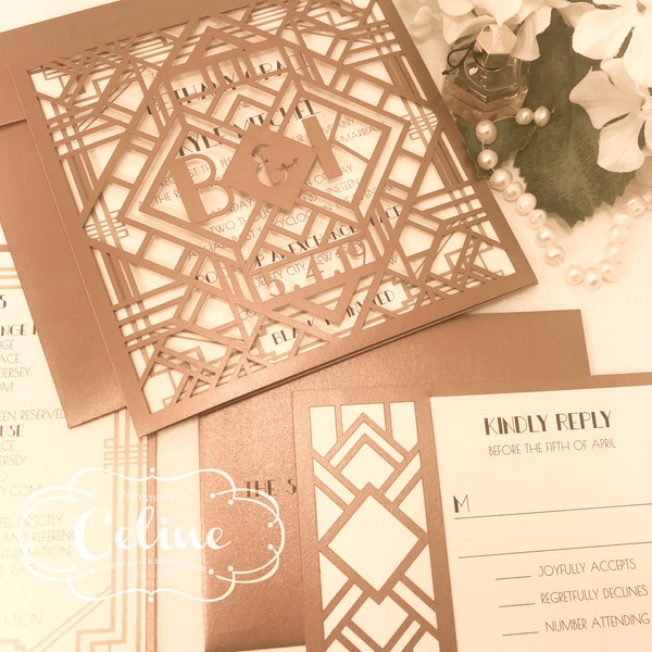 Art Deco Great Gatsby Personalized Gatefold Wedding Invitation Monogram, Hollywood Invite & Envelope, Golden Lasercut Gate, Gold, Die Cut