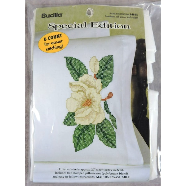 1999 Bucilla Stamped Pillowcases #64895 "Magnolia Pillowcase Pair"
