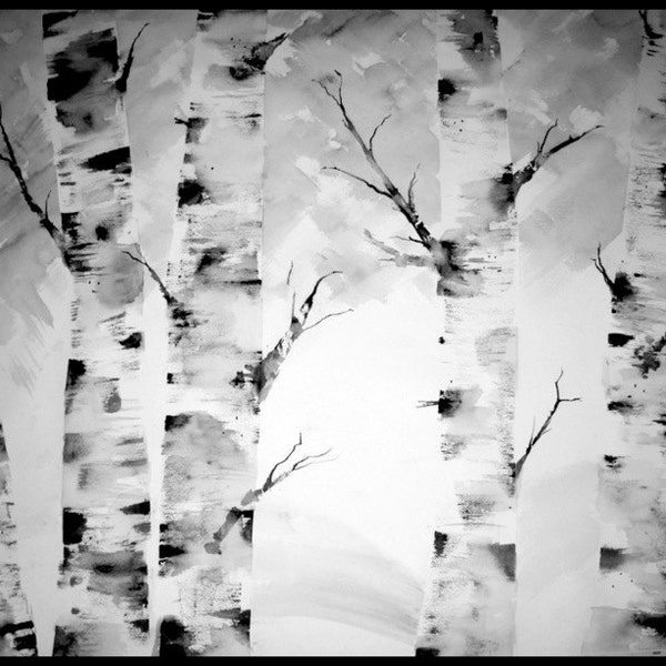 Very Large Black White Birch Tree Watercolor-Landscape Painting-Wall Decor-not a print-47"x35"