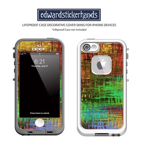May include: A colorful abstract design phone case for an iPhone. The case is made for a Lifeproof case, but the case is not included. The design features a mix of yellow, red, green, and blue colors.