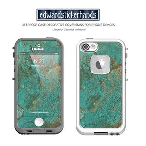 May include: Two phone cases with a turquoise and brown distressed metal design. The cases are for the LifeProof phone case. The text "edwardstickerhands" and "LIFEPROOF CASE DECORATIVE COVER SKINS FOR IPHONE DEVICES" is visible at the top of the image.