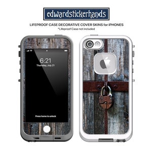 May include: A decorative phone case skin with a rustic wooden door design featuring a padlock. The skin is designed to fit a Lifeproof phone case. The text "6:21 Thursday, July 21" is displayed on the phone screen.