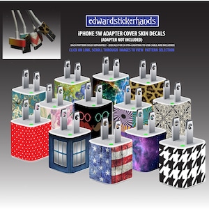 May include: A collection of iPhone 5W adapter cover skin decals with various patterns, including polka dots, floral, animal print, and the American flag. The text "edwardstickerhands" and product information are visible.