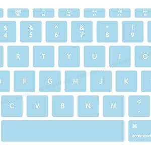 May include: A pale blue keyboard with white lettering. The keyboard features a standard QWERTY layout, function keys, and a number pad. The keys are evenly spaced, and the design is clean and modern.