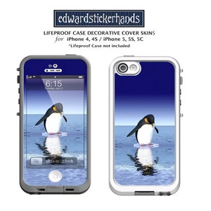 May include: A white and gray LifeProof phone case with a blue and white penguin graphic. The case is designed for iPhone 4, 4S, 5, 5S, and SC. "Lifeproof Case not included"