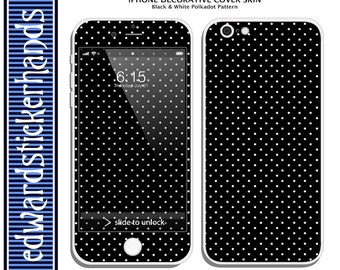 May include: Black and white polka dot phone cover skin for an iPhone. The cover has a white border and a black background with white polka dots.
