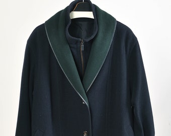 manteau en laine midi vintage des années 90 en bleu marine