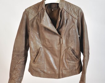 Vintage 00s real leather biker jacket in brown