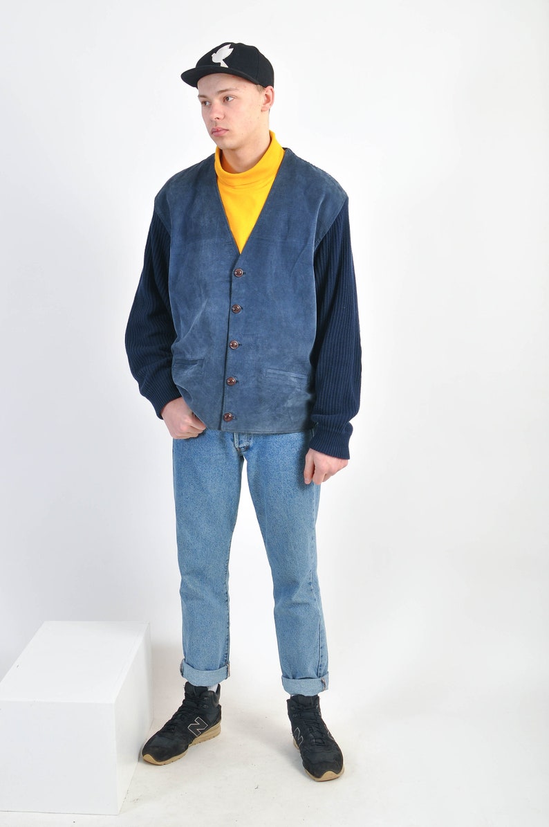 Vintage 90s suede leather mens jacket in blue image 1