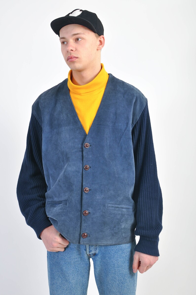 Vintage 90s suede leather mens jacket in blue image 2