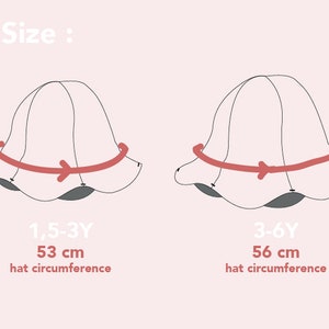 May include: Diagram showing two sizes of a white bucket hat with red arrows indicating the measurement of the hat circumference. The smaller hat is 1.5-3Y with a 53 cm hat circumference. The larger hat is 3-6Y with a 56 cm hat circumference.