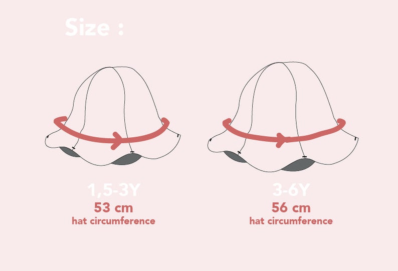 May include: Diagram showing two sizes of a white bucket hat with red arrows indicating the measurement of the hat circumference. The smaller hat is 1.5-3Y with a 53 cm hat circumference. The larger hat is 3-6Y with a 56 cm hat circumference.