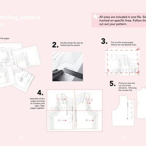 Op de afbeelding: Een vijfstaps gids voor het assembleren van een naaipatroon. De stappen omvatten het afdrukken van de pagina's, het dubbel controleren van de maat, het uitsnijden van het overtollige papier, het assembleren van de pagina's en het vinden van uw maat en het uitsnijden van de patroondelen. De afbeelding bevat illustraties van elke stap.