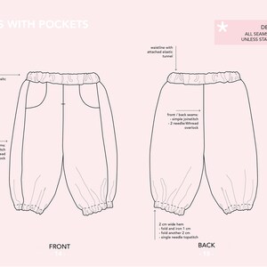 Op de afbeelding: Lijntekening van een broekpatroon met zakken. De voor- en achterkant van de broek worden getoond. De ontwerpnotities geven aan dat alle naden 1 cm/0,4 inch zijn, tenzij anders aangegeven.