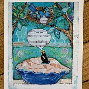 May include: A blue pie dish with a brown pie crust and a black bird with a yellow crown singing into a speech bubble with musical notes. The bird is sitting in the pie crust. There are blue birds in a nest in a tree above the pie dish.