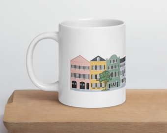Rainbow Row White glossy mug, Charleston Coffee mug,  Row Houses Mug