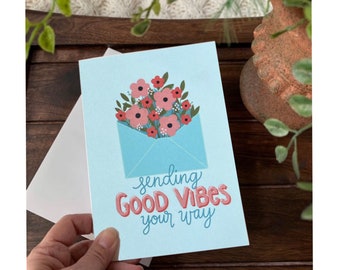 Tarjeta de felicitación floral de buenas vibras, tarjeta "Pensando en ti"