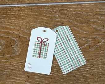 Watercolor Christmas Gift Tags, Plaid Present Design, Set of 10