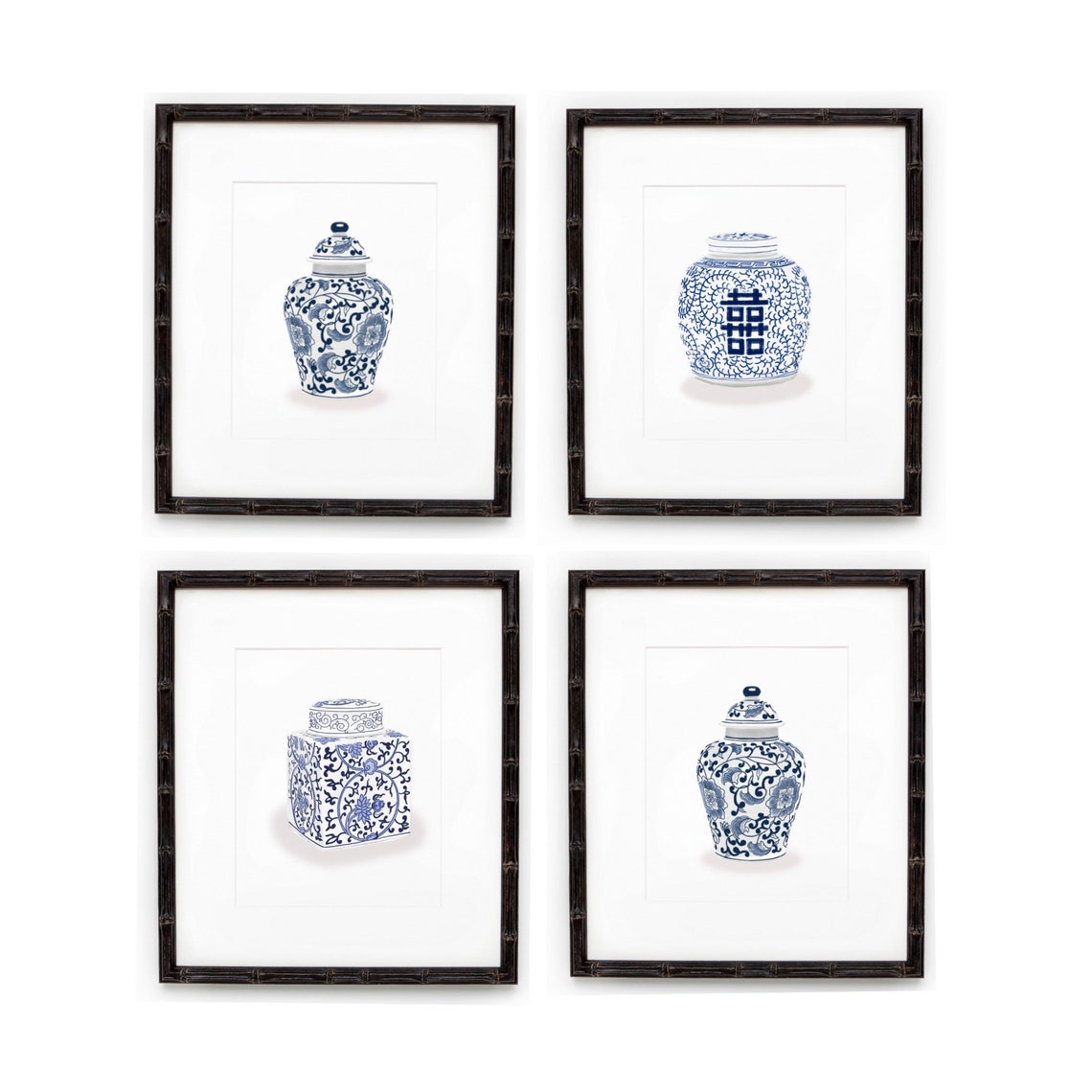 Blue and White Ginger Jar Prints Set of 4, Blue and White Wall Art