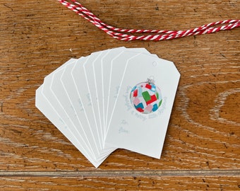 Christmas ornament gift tags, set of 10 Christmas gift tags, Illustrated Christmas ornament gift tags with twine