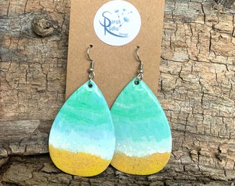 Ocean Shore Resin Earrings | Hand Painted Beach Earrings with Real Sand | Lightweight Coastal Jewelry - Teardrop-shaped