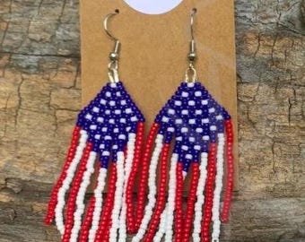 Patriotic Beaded Fringe Earrings | Red White & Blue American Flag Earrings | USA 250 Celebration Jewelry | Fourth of July Statement Earrings