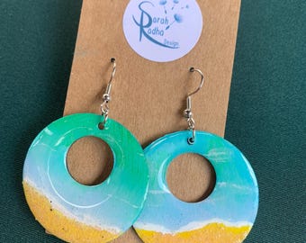 Round Ocean Shore Resin Earrings | Hand Painted Beach Earrings with Real Sand | Lightweight Coastal Jewelry