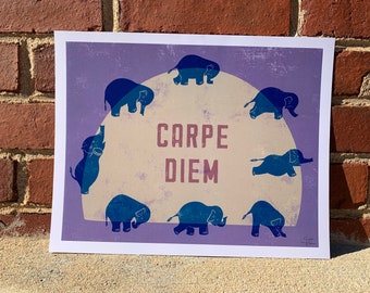 Elephant Yoga Wall Art – Blue Purple Sun Salutations Print – Animal Yoga Poster for Mindful Home or Meditation Space