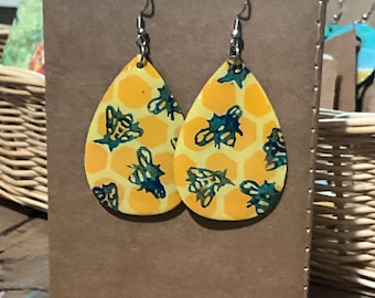 Bee Earrings | Hand Painted Resin Wood Earrings | Honeycomb Bee Jewelry | Lightweight Nature Inspired Earrings | Pollinator Gift