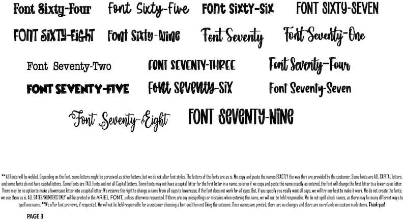 May include: A black and white digital display showcasing a variety of font styles labeled from Font Sixty-Four to Font Seventy-Nine. The image includes a detailed disclaimer at the bottom regarding font customization, welding, and printing policies.