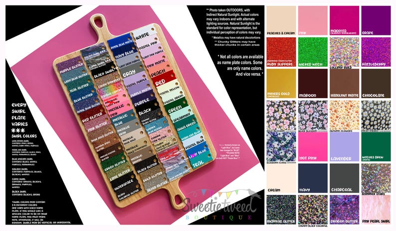 May include: A wooden display board featuring numerous rectangular color swatches in various shades, textures, and glitter finishes. The board includes labels for colors like white, gray, red, and blue, alongside a grid of additional color samples.