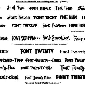 May include: A black and white font selection chart displaying thirty distinct typeface styles labeled Font One through Font Thirty. The text includes notes about font characteristics, page numbers, and instructions to view the next page for more options.