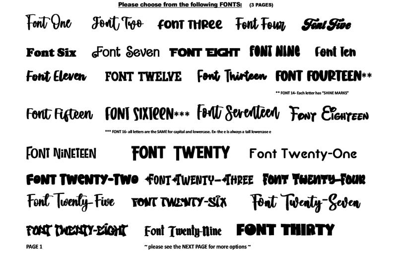 May include: A black and white font selection chart displaying thirty distinct typeface styles labeled Font One through Font Thirty. The text includes notes about font characteristics, page numbers, and instructions to view the next page for more options.