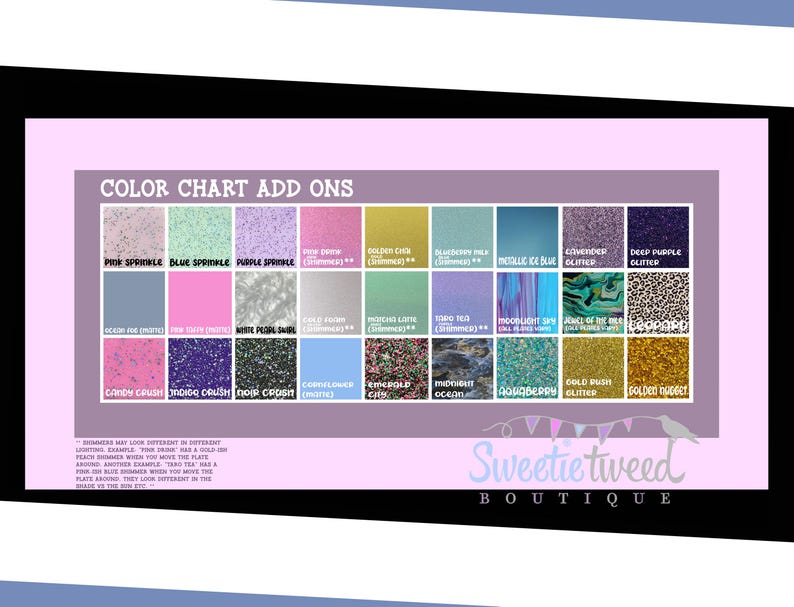 May include: A color chart add-ons display featuring twenty-four square swatches with various textures, glitters, and solid colors. Each swatch is labeled with names like Pink Sprinkle, Golden Glow, and Leopard. The Sweetie Tweed Boutique logo is visible.