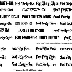 May include: A black and white typography chart displaying various font styles labeled from Font Thirty-One to Font Sixty-Three. The text includes diverse lettering designs ranging from bold, script, and decorative styles to dripping effects.