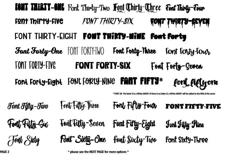 May include: A black and white typography chart displaying various font styles labeled from Font Thirty-One to Font Sixty-Three. The text includes diverse lettering designs ranging from bold, script, and decorative styles to dripping effects.