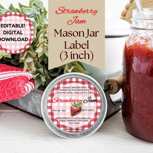 May include: Editable 3-inch mason jar label with a red and white gingham pattern. The label features a strawberry design and the text "Strawberry Jam".