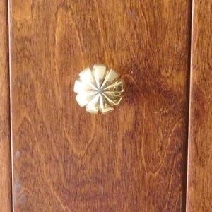 May include: A close-up of a wooden cabinet door with a gold-colored, flower-shaped knob. The wood has a warm, brown tone with visible grain. The knob is centered on the door, providing a decorative accent.