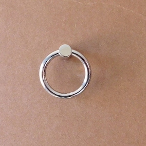 May include: A silver ring pull cabinet handle with a round knob.
