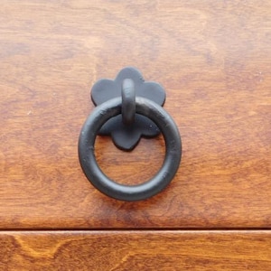 May include: A black metal ring pull with a decorative backplate, mounted on a wooden surface. The ring is circular and attached to a floral-shaped backplate. The wood has a warm, reddish-brown tone.