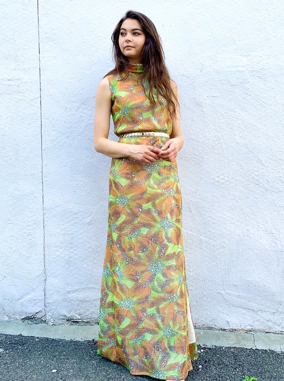1960's Floral Lamé Maxi Dress